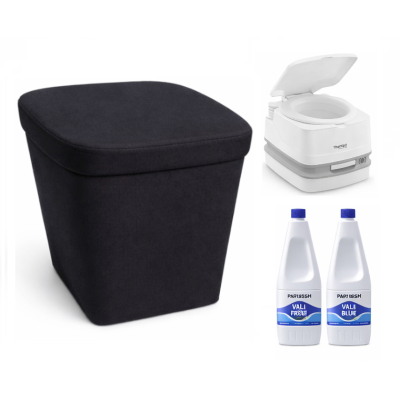 Thetford Porta Potti 365 Weiß - mit Toilette Stoffhocker 2x Aqua Kem Blue 2 Liter Set