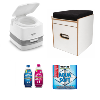 Toilettenhocker weiß Porta Potti 335 Polster schwarz Set mit Toilette und Zubehör