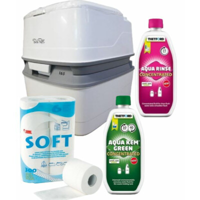 Toilettenset Thetford Porta Potti 165 ohne Stoffhocker Aqua Kem Rinse und Green mit Toilettenpapier