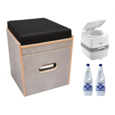 Toilettenhocker grau mit Porta Potti 365 - inkl. Polster schwarz - Set mit Toilette und Aqua Kem