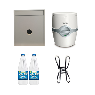 Toilettenhocker grau mit Porta Potti 565P - inkl. 2x Aqua Kem und Gurt zum Herausheben