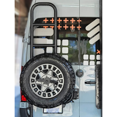 Heckleiter mit Reserveradhalter für Mercedes Sprinter 906 bis 2018 - L2 - FWD, RWD oder 4x4 - Fahrerseite - Scharniere 180° - mattschwarz - von Rover Vans