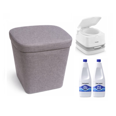 Toilette Thetford Porta Potti 365 Weiß - mit Stoffhocker Grau und 2 x Aqua Kem Blue (2 Liter Set)
