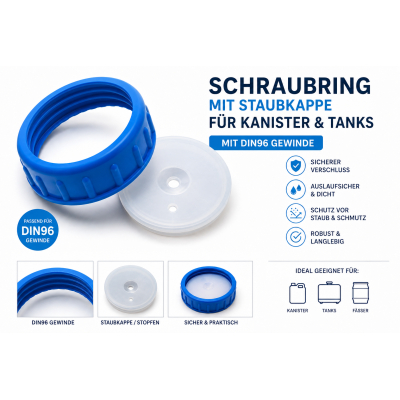 Schraubring mit Staubkappe für Kanister & Tanks – DIN96 Gewinde – Ideal für Camper Wassersysteme