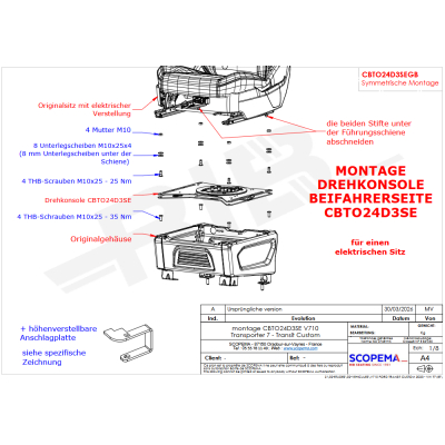 Scopema Drehkonsole Beifahrerseite für V710 Ford Transit Custom ab 2023 / VW T7 ab 2025 - für elektrisch verstellbare Sitze - CBTO24D3SE