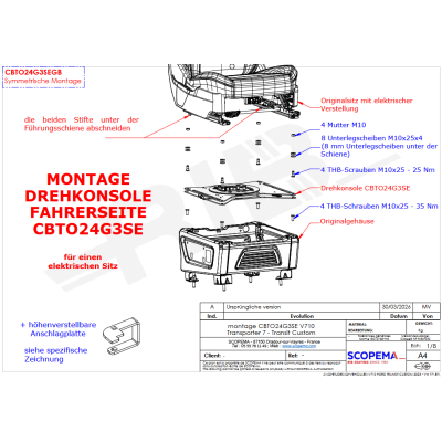 Scopema Drehkonsole Fahrerseite für V710 Ford Transit Custom ab 2023 / VW T7 ab 2025 - für elektrisch verstellbare Sitze - CBTO24G3SE