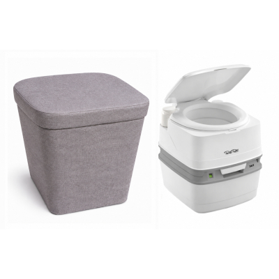 Stoffhocker grau mit Porta Potti 145 - mit Polster und Toilette