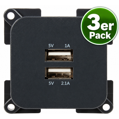 C-Line Doppel-USB Dose viereckig 1A+2.1A - anthrazit - 3er Pack (3036)